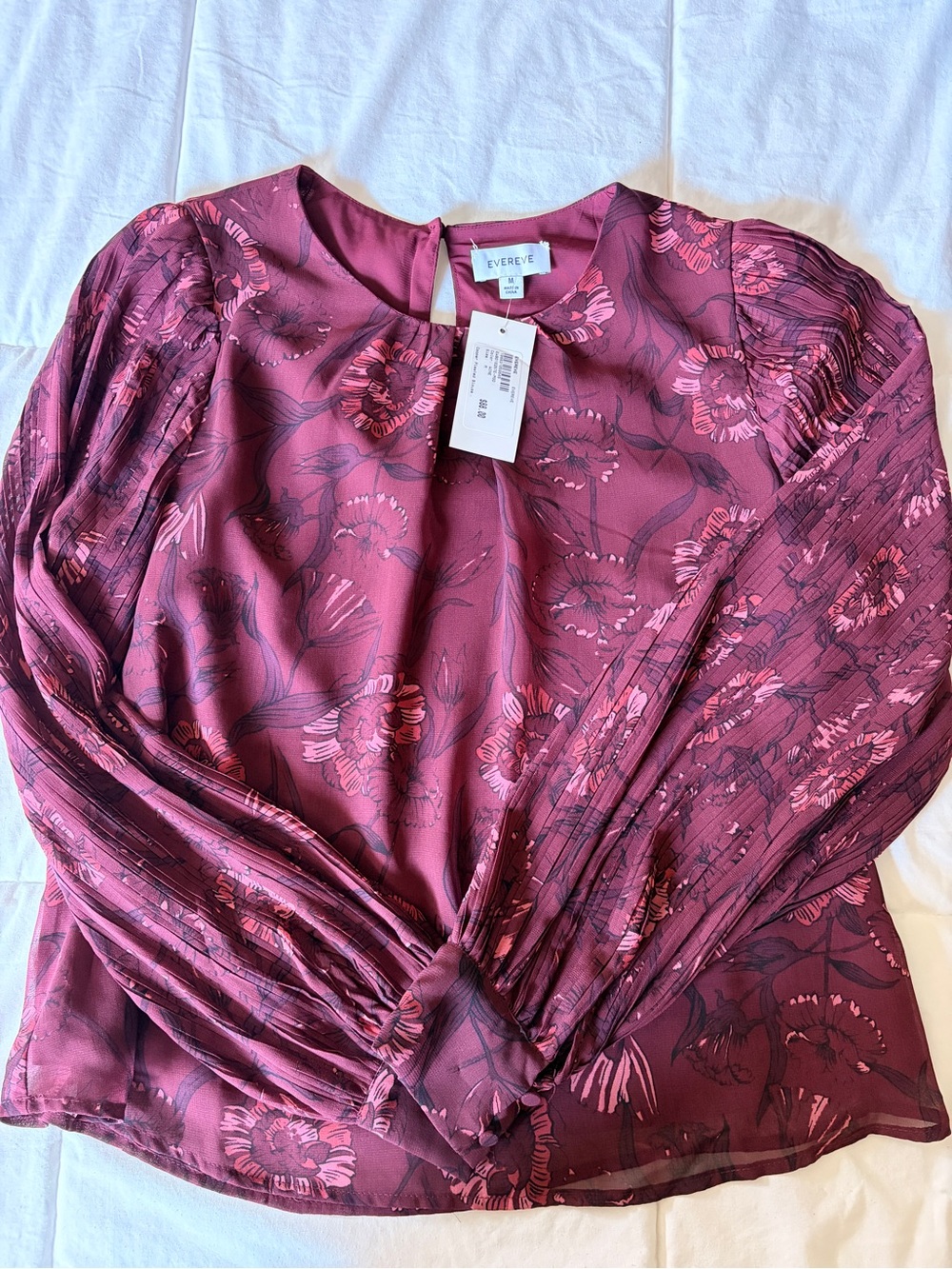 Evereve Plum Floral Pleated-Sleeve Blouse